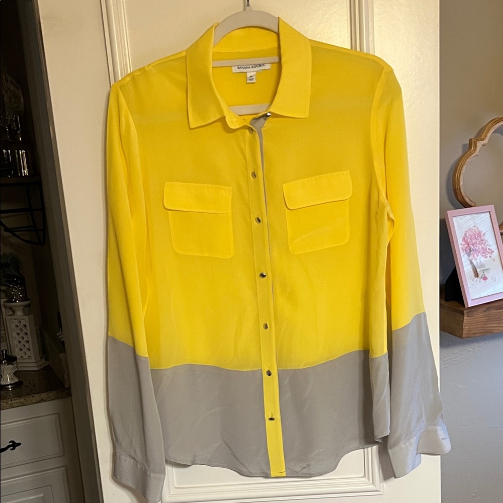 Banana Republic Yellow and Gray Colorblock Silk Blouse